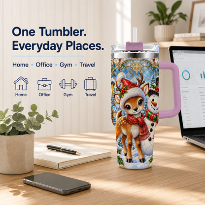 #pl[40oz|Pink] Reindeer Snowman 40oz Tumbler with Handle, Winter Travel Cup