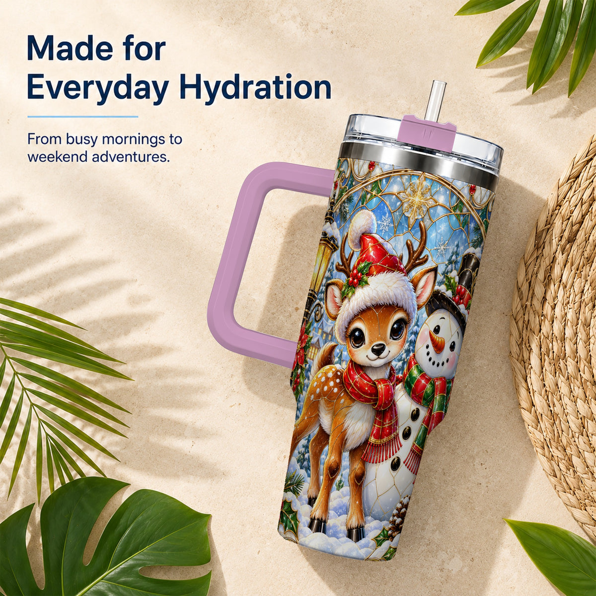 #pl[40oz|Pink] Reindeer Snowman 40oz Tumbler with Handle, Winter Travel Cup