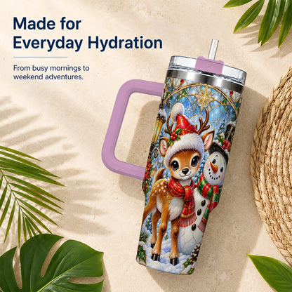 #pl[40oz|Pink] Reindeer Snowman 40oz Tumbler with Handle, Winter Travel Cup