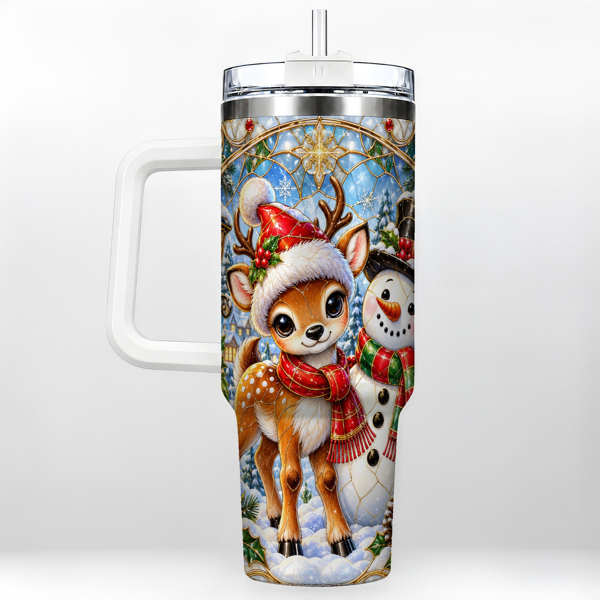 Reindeer Snowman 40oz Tumbler with Handle, Winter Travel Cup