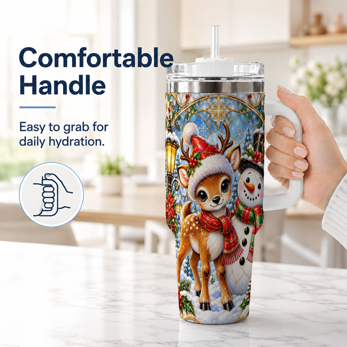 #pl[40oz|White] Reindeer Snowman 40oz Tumbler with Handle, Winter Travel Cup