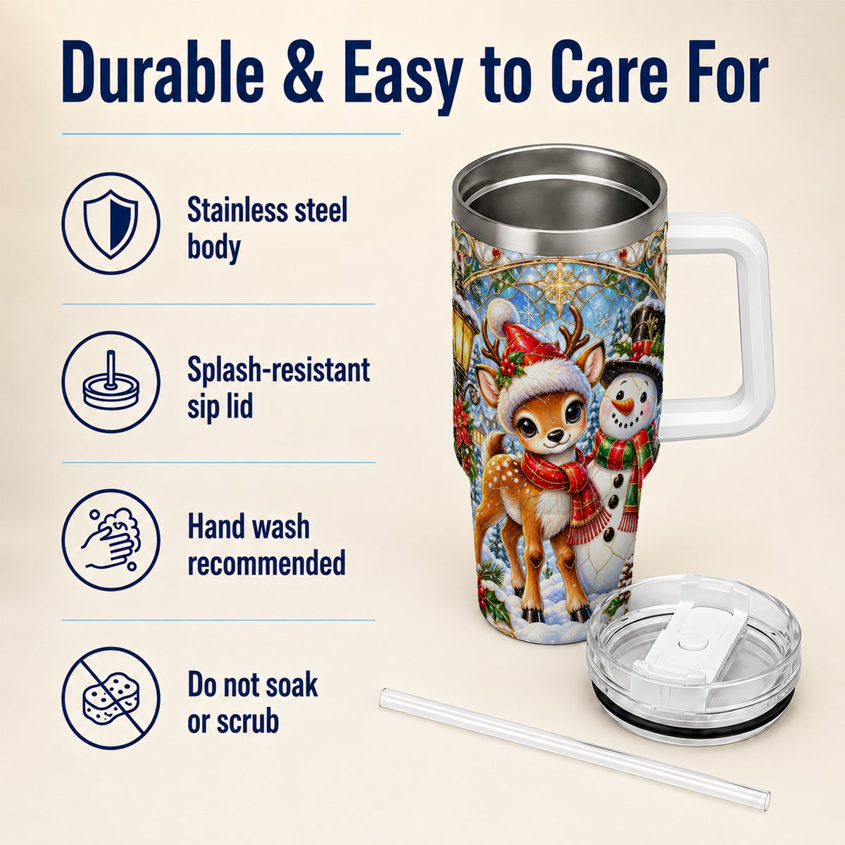 #pl[40oz|White] Reindeer Snowman 40oz Tumbler with Handle, Winter Travel Cup