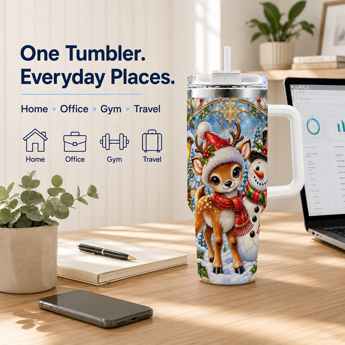 #pl[40oz|White] Reindeer Snowman 40oz Tumbler with Handle, Winter Travel Cup