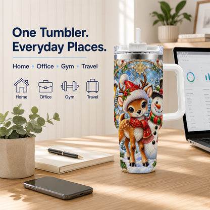 #pl[40oz|White] Reindeer Snowman 40oz Tumbler with Handle, Winter Travel Cup