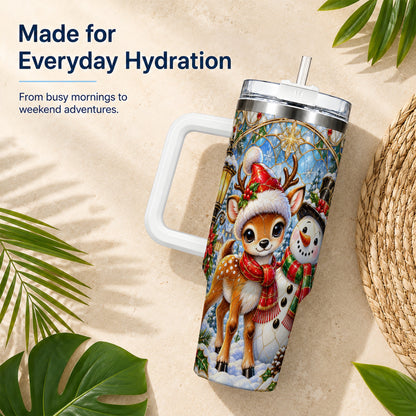 #pl[40oz|White] Reindeer Snowman 40oz Tumbler with Handle, Winter Travel Cup