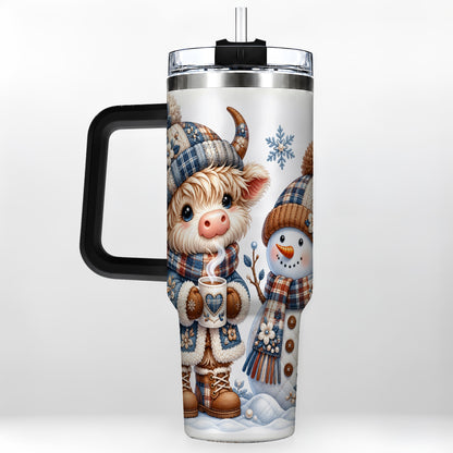 #pl[40oz|Black] Highland Cow Snowman 40oz Tumbler with Handle, Winter Travel Cup