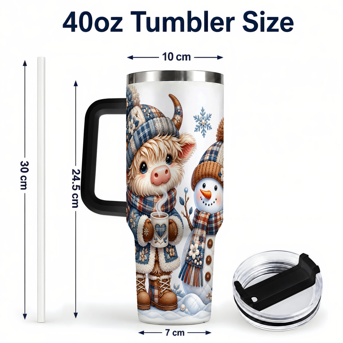 #pl[40oz|Black] Highland Cow Snowman 40oz Tumbler with Handle, Winter Travel Cup