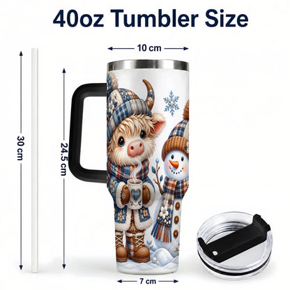 #pl[40oz|Black] Highland Cow Snowman 40oz Tumbler with Handle, Winter Travel Cup