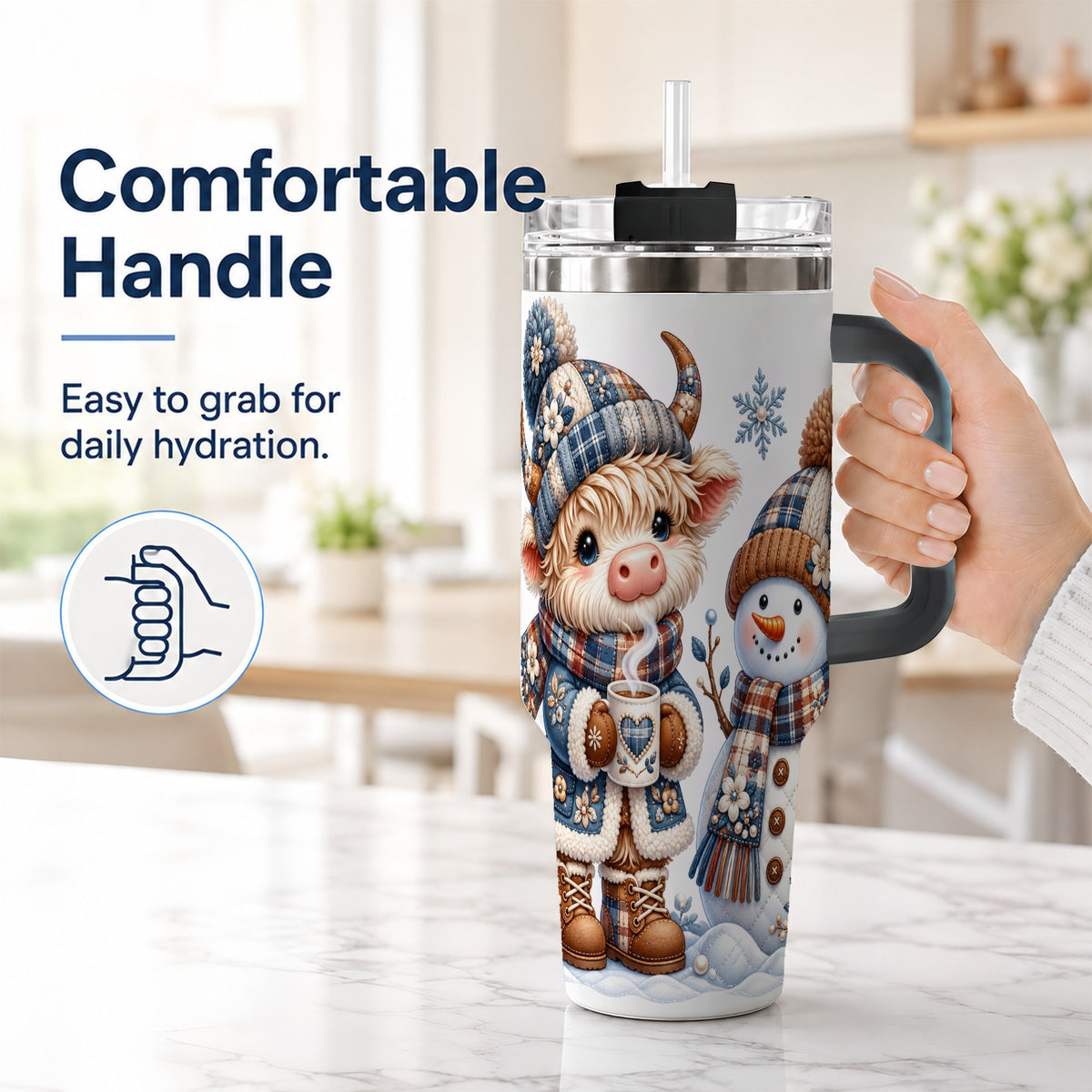#pl[40oz|Black] Highland Cow Snowman 40oz Tumbler with Handle, Winter Travel Cup