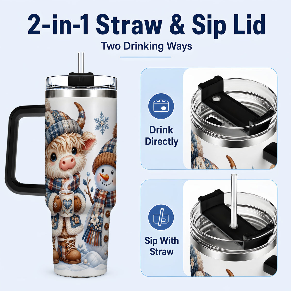 #pl[40oz|Black] Highland Cow Snowman 40oz Tumbler with Handle, Winter Travel Cup