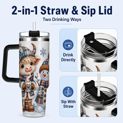 #pl[40oz|Black] Highland Cow Snowman 40oz Tumbler with Handle, Winter Travel Cup