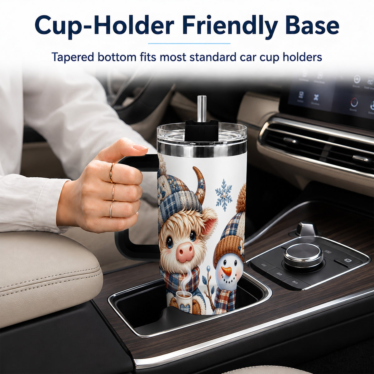 #pl[40oz|Black] Highland Cow Snowman 40oz Tumbler with Handle, Winter Travel Cup