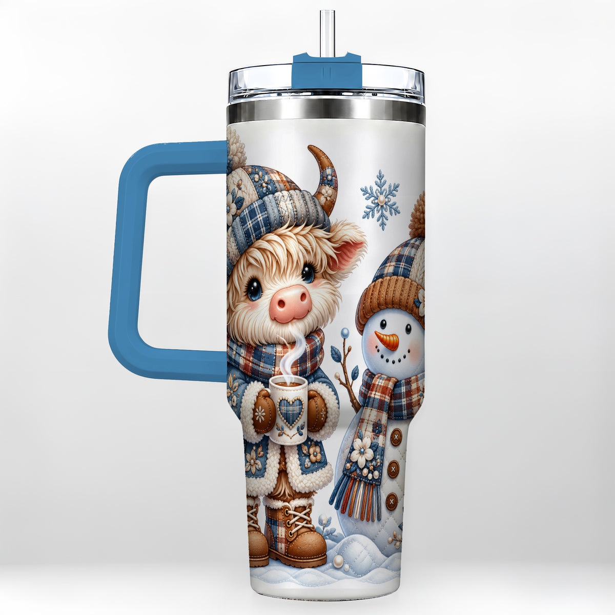 #pl[40oz|Blue] Highland Cow Snowman 40oz Tumbler with Handle, Winter Travel Cup