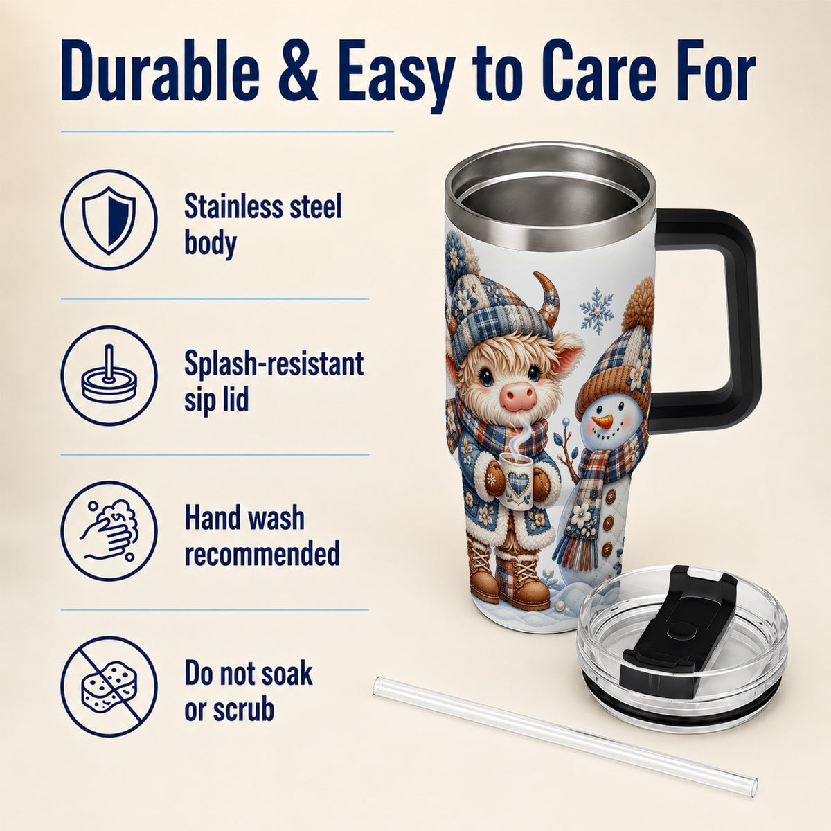 #pl[40oz|Black] Highland Cow Snowman 40oz Tumbler with Handle, Winter Travel Cup