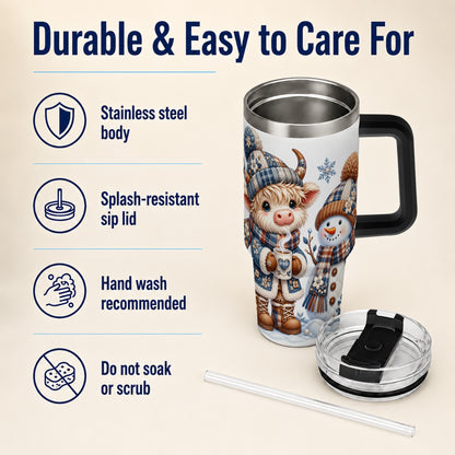 #pl[40oz|Black] Highland Cow Snowman 40oz Tumbler with Handle, Winter Travel Cup