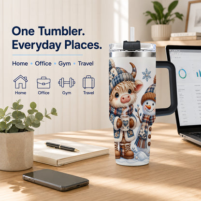 #pl[40oz|Black] Highland Cow Snowman 40oz Tumbler with Handle, Winter Travel Cup