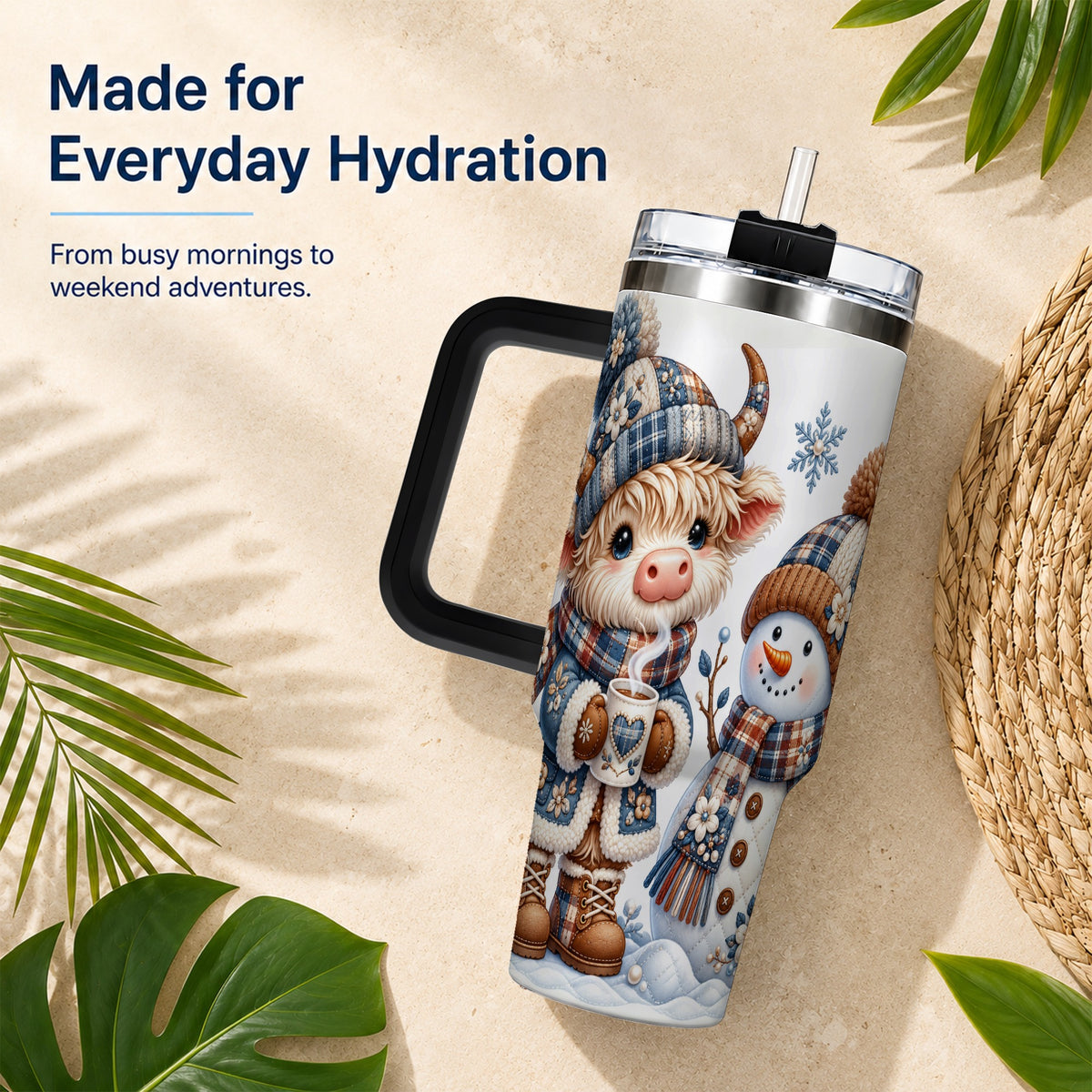 #pl[40oz|Black] Highland Cow Snowman 40oz Tumbler with Handle, Winter Travel Cup