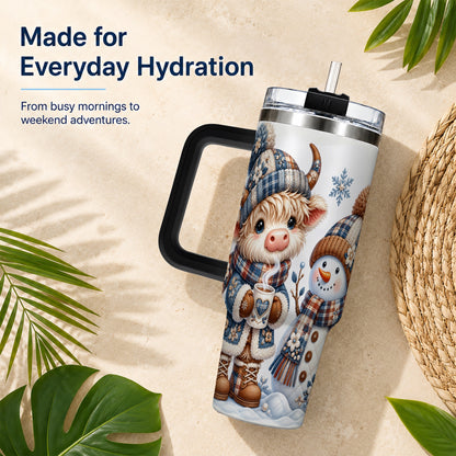 #pl[40oz|Black] Highland Cow Snowman 40oz Tumbler with Handle, Winter Travel Cup