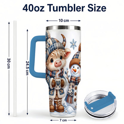 #pl[40oz|Blue] Highland Cow Snowman 40oz Tumbler with Handle, Winter Travel Cup