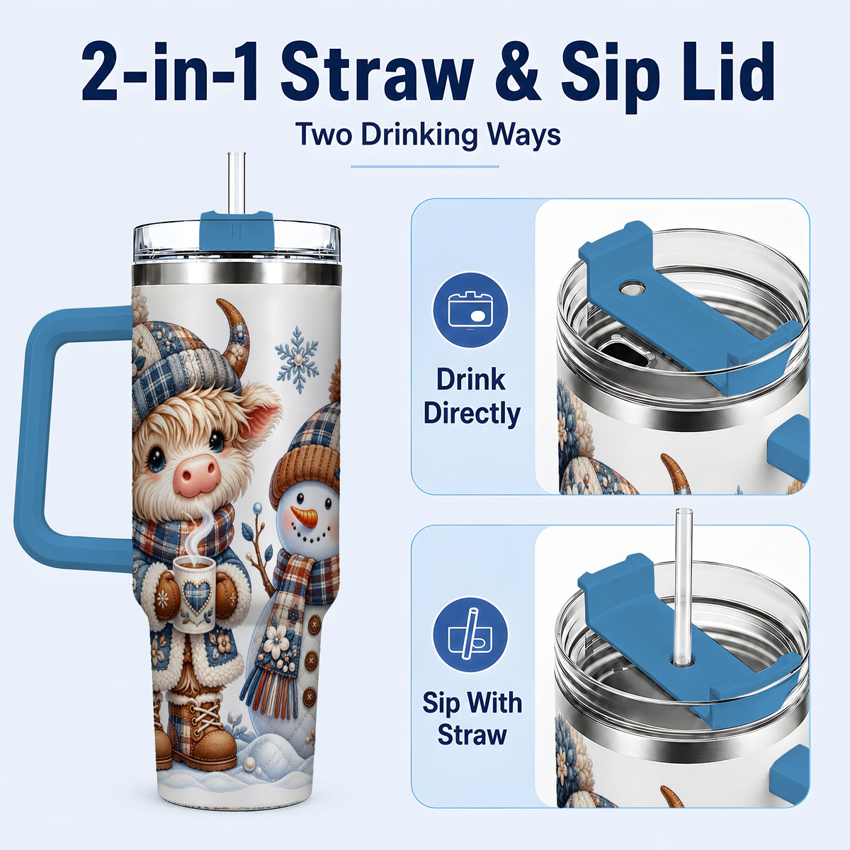 #pl[40oz|Blue] Highland Cow Snowman 40oz Tumbler with Handle, Winter Travel Cup