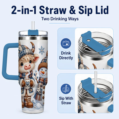 #pl[40oz|Blue] Highland Cow Snowman 40oz Tumbler with Handle, Winter Travel Cup