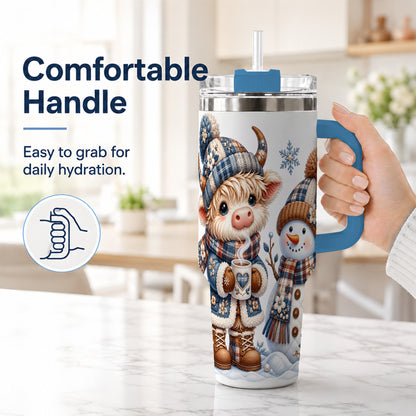 #pl[40oz|Blue] Highland Cow Snowman 40oz Tumbler with Handle, Winter Travel Cup