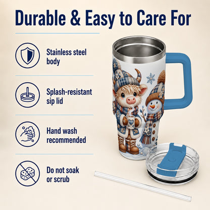 #pl[40oz|Blue] Highland Cow Snowman 40oz Tumbler with Handle, Winter Travel Cup