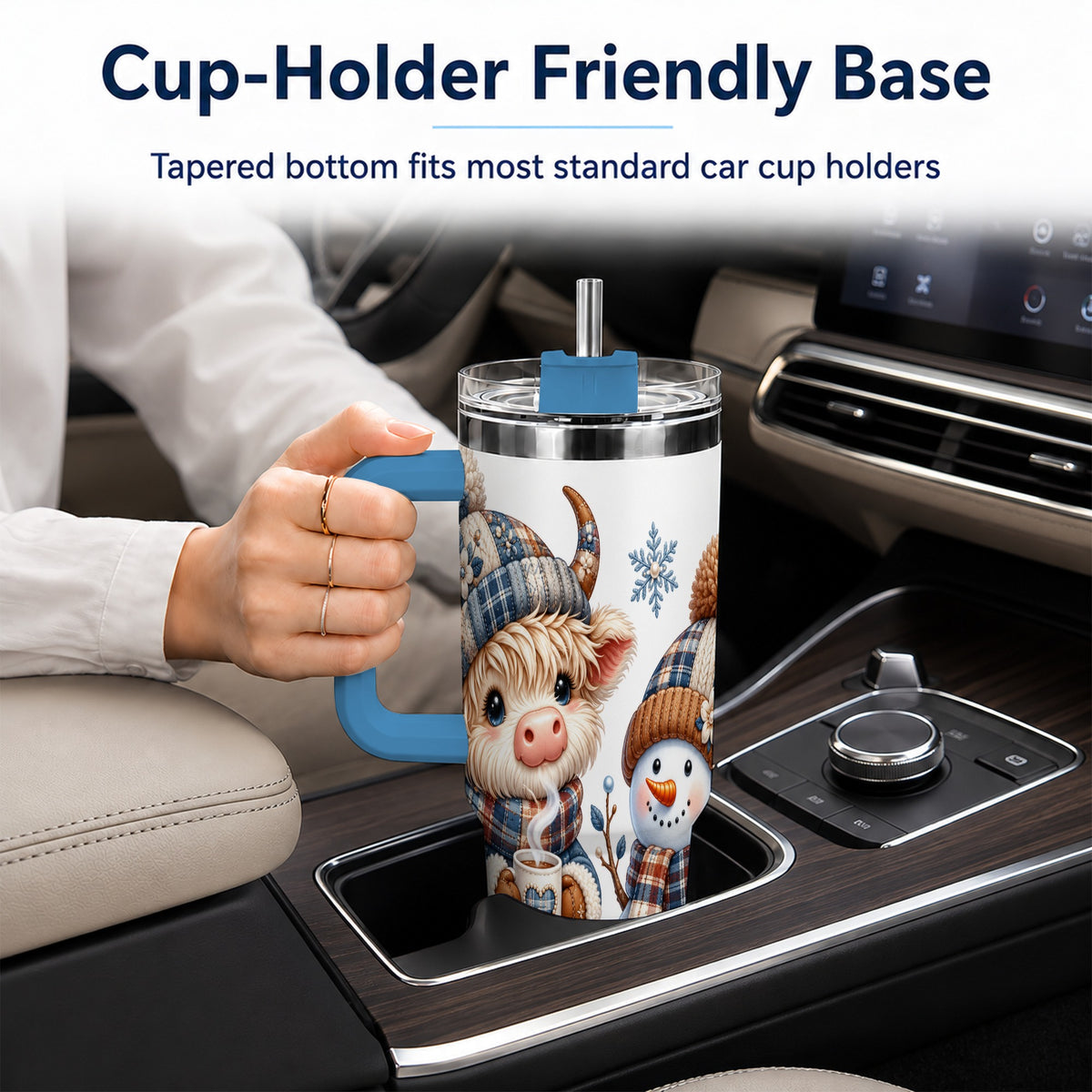 #pl[40oz|Blue] Highland Cow Snowman 40oz Tumbler with Handle, Winter Travel Cup