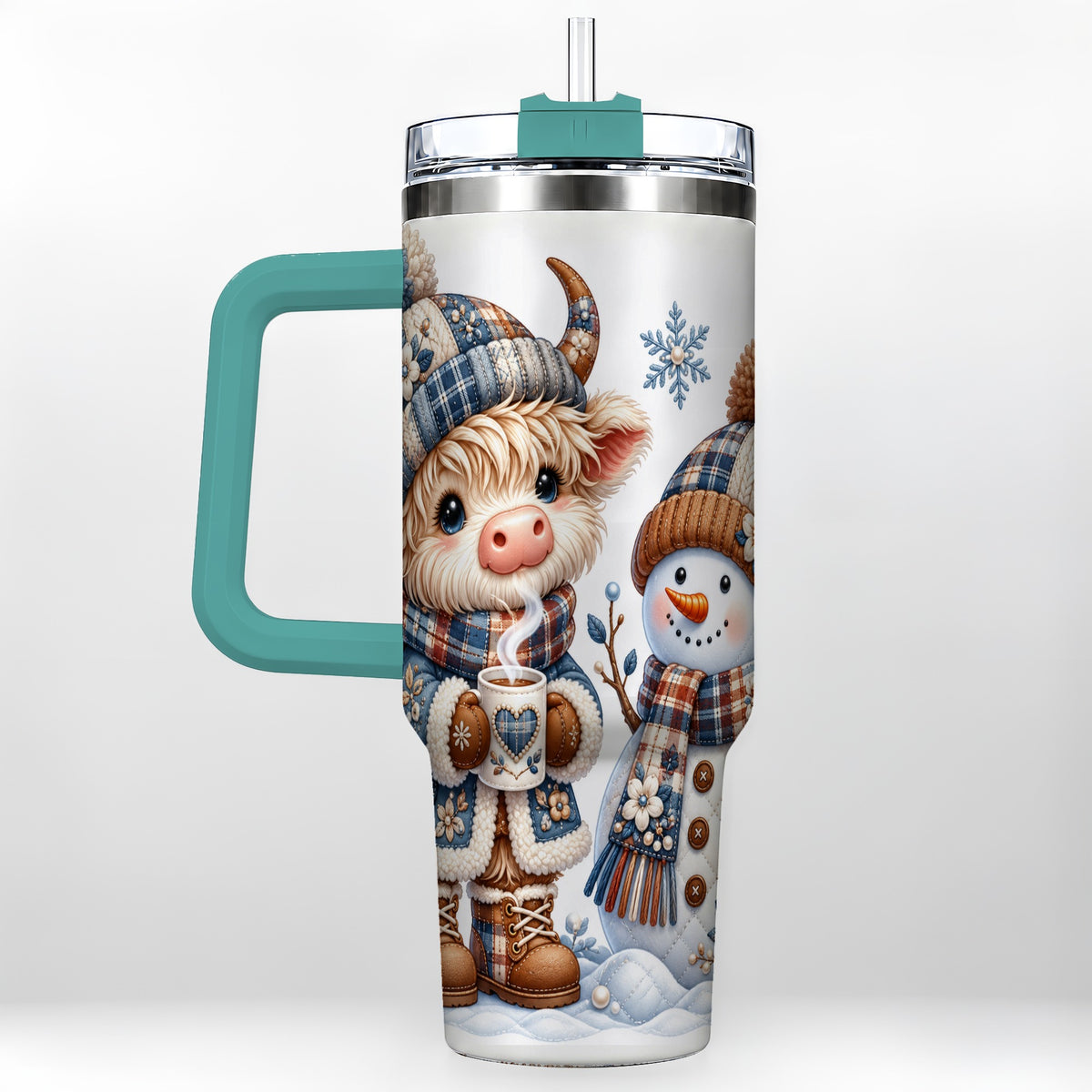 #pl[40oz|Green] Highland Cow Snowman 40oz Tumbler with Handle, Winter Travel Cup