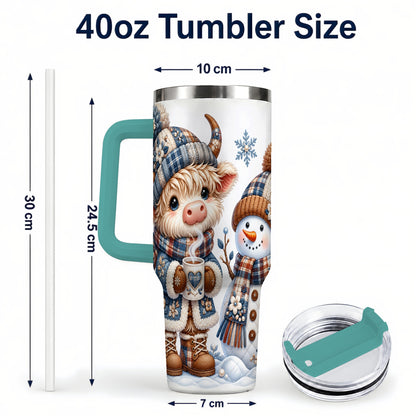 #pl[40oz|Green] Highland Cow Snowman 40oz Tumbler with Handle, Winter Travel Cup