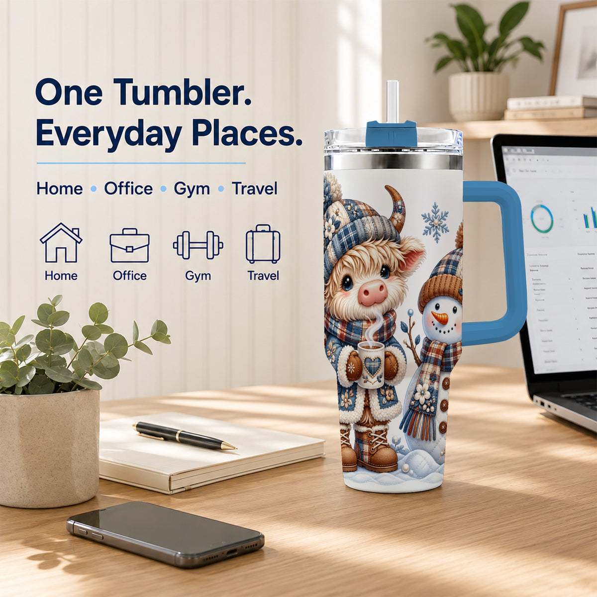 #pl[40oz|Blue] Highland Cow Snowman 40oz Tumbler with Handle, Winter Travel Cup