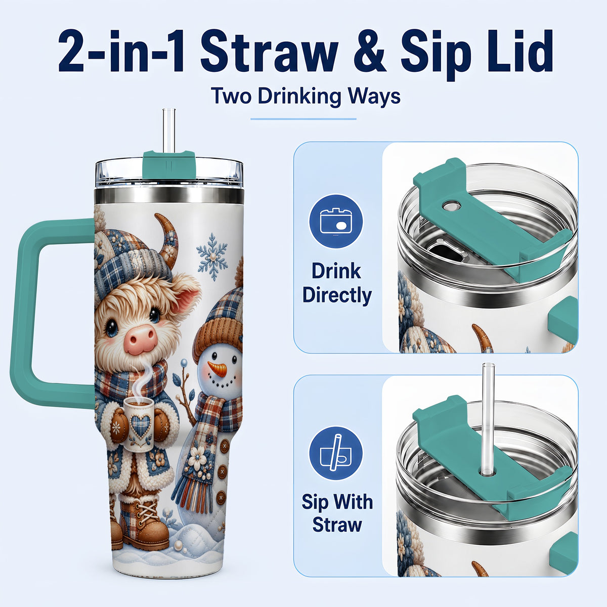 #pl[40oz|Green] Highland Cow Snowman 40oz Tumbler with Handle, Winter Travel Cup