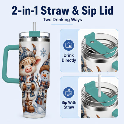 #pl[40oz|Green] Highland Cow Snowman 40oz Tumbler with Handle, Winter Travel Cup