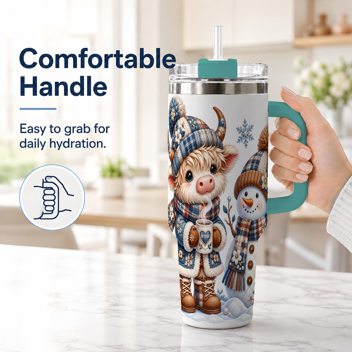 #pl[40oz|Green] Highland Cow Snowman 40oz Tumbler with Handle, Winter Travel Cup
