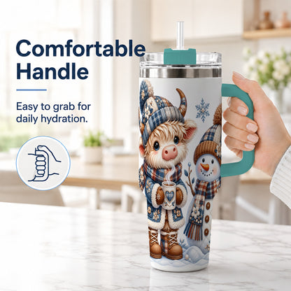 #pl[40oz|Green] Highland Cow Snowman 40oz Tumbler with Handle, Winter Travel Cup