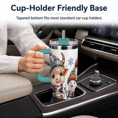 #pl[40oz|Green] Highland Cow Snowman 40oz Tumbler with Handle, Winter Travel Cup