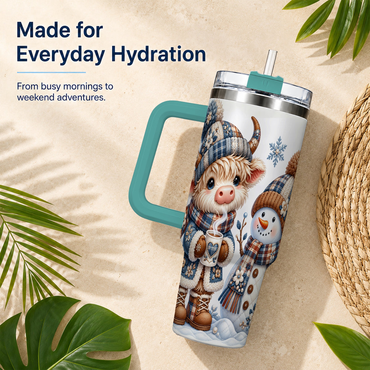 #pl[40oz|Green] Highland Cow Snowman 40oz Tumbler with Handle, Winter Travel Cup