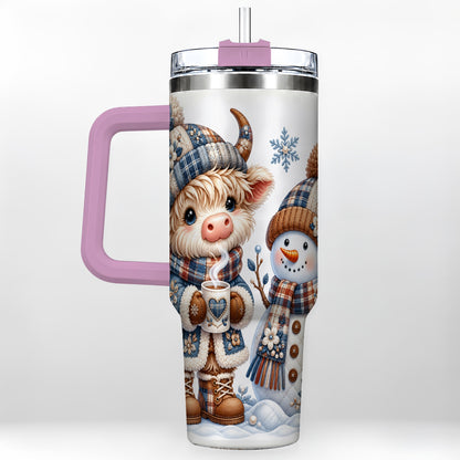 #pl[40oz|Pink] Highland Cow Snowman 40oz Tumbler with Handle, Winter Travel Cup