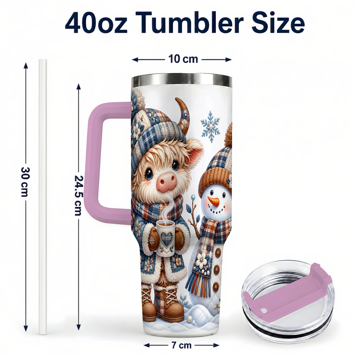 #pl[40oz|Pink] Highland Cow Snowman 40oz Tumbler with Handle, Winter Travel Cup