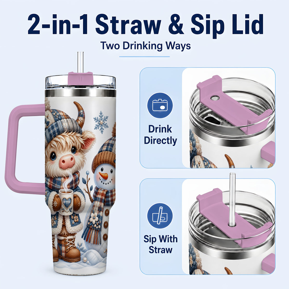 #pl[40oz|Pink] Highland Cow Snowman 40oz Tumbler with Handle, Winter Travel Cup