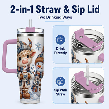 #pl[40oz|Pink] Highland Cow Snowman 40oz Tumbler with Handle, Winter Travel Cup