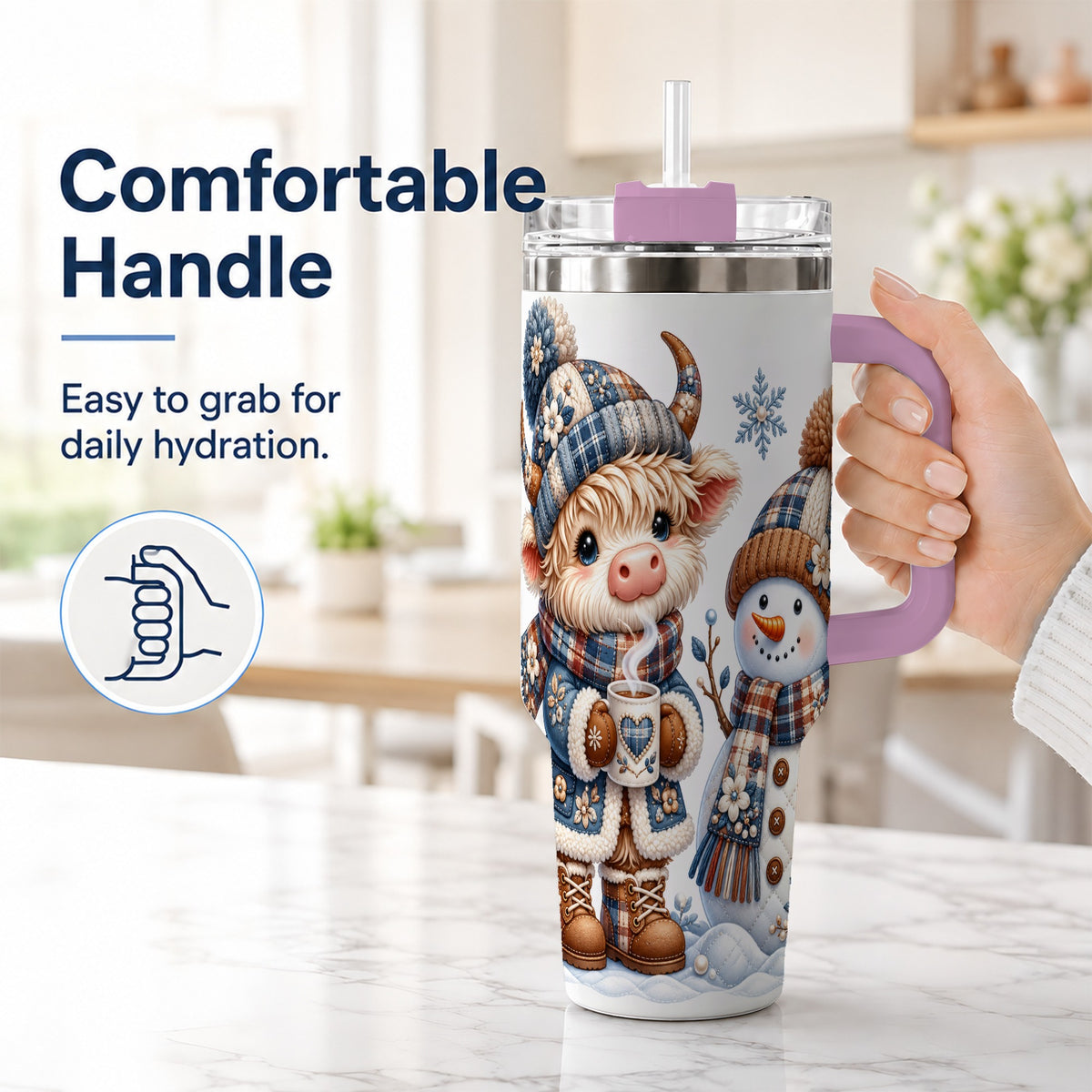 #pl[40oz|Pink] Highland Cow Snowman 40oz Tumbler with Handle, Winter Travel Cup