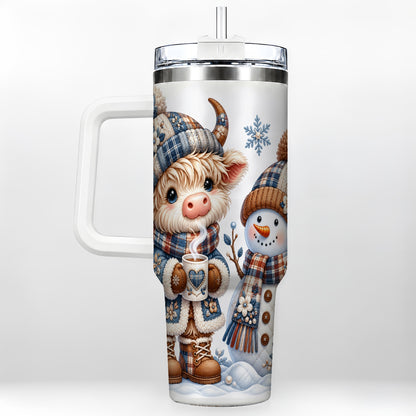 Highland Cow Snowman 40oz Tumbler with Handle, Winter Travel Cup