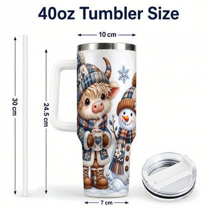 #pl[40oz|White] Highland Cow Snowman 40oz Tumbler with Handle, Winter Travel Cup