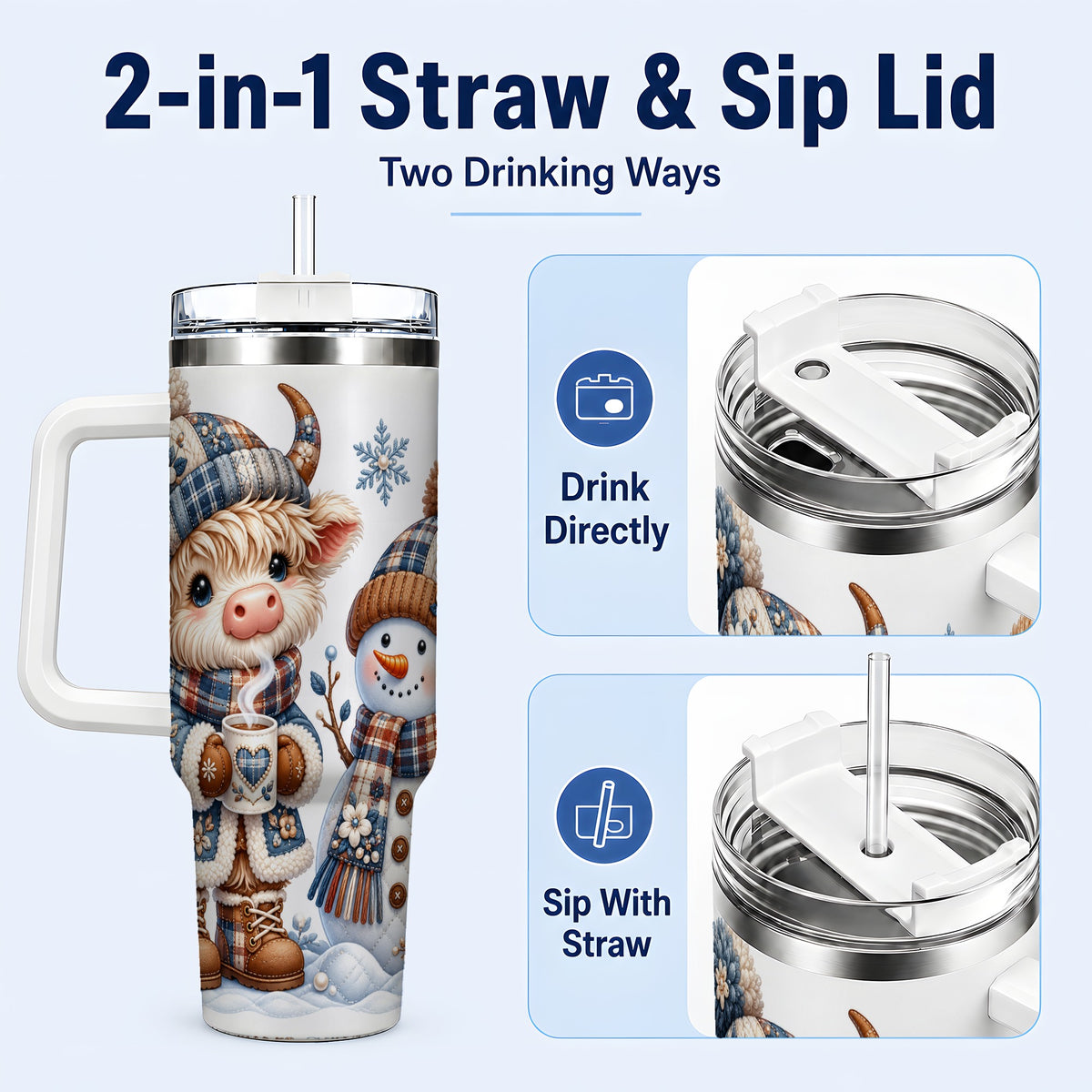 #pl[40oz|White] Highland Cow Snowman 40oz Tumbler with Handle, Winter Travel Cup