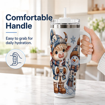 #pl[40oz|White] Highland Cow Snowman 40oz Tumbler with Handle, Winter Travel Cup