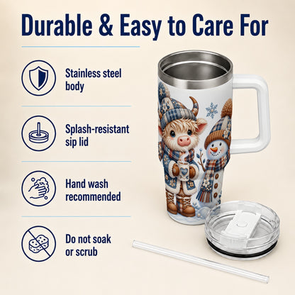 #pl[40oz|White] Highland Cow Snowman 40oz Tumbler with Handle, Winter Travel Cup