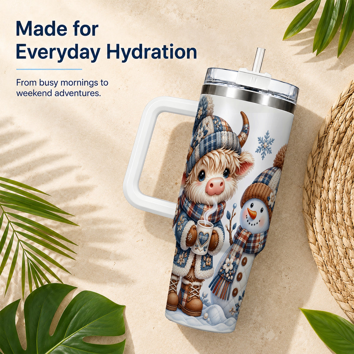 #pl[40oz|White] Highland Cow Snowman 40oz Tumbler with Handle, Winter Travel Cup