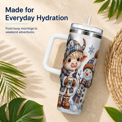 #pl[40oz|White] Highland Cow Snowman 40oz Tumbler with Handle, Winter Travel Cup