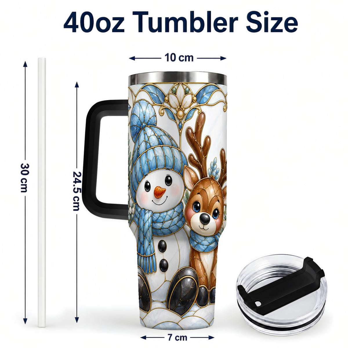 #pl[40oz|Black] Snowman Reindeer 40oz Tumbler with Handle, Winter Travel Cup